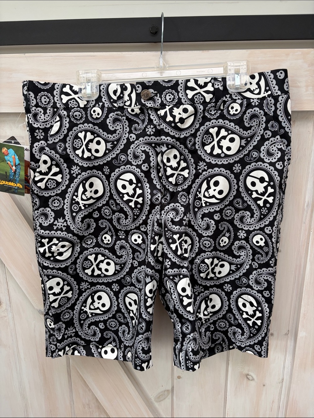 Loudmouth Black & White Skull and Crossbones Flat Front Shorts